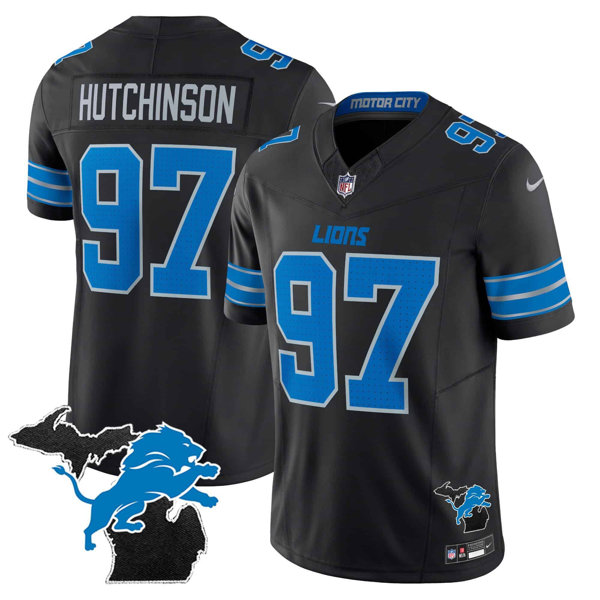 Men Detroit Lions 97 Hutchinson Black 2024 Nike Michigan Patch Vapor Limited NFL Jersey style 1